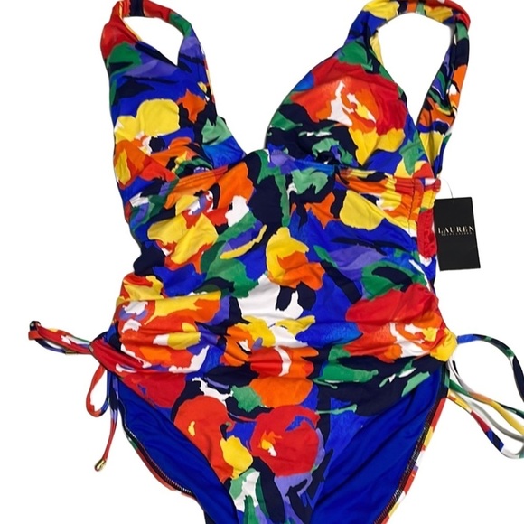 Ralph Lauren Other - Ralph Lauren Red and Blue One Piece Swimsuit with Plunging Neckline NWT Sz 14